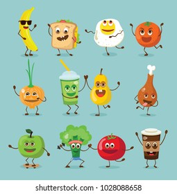 Funny happy breakfast food characters with emotions, includes fast food and fruits, vector illustrations.