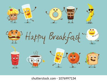 Funny happy breakfast food characters with emotions, vector illustrations .