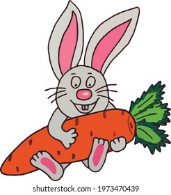 funny and happy bunny sitting and holding a huge orange carrot