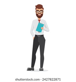 Funny happy businessman holding clipboard with business documents vector illustration