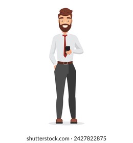 Funny happy businessman holding phone to call business partners or family vector illustration