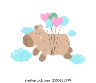 Funny happy cartoon capybara with balloons flies in the clouds. Animal, holiday, birthday, Valentine's Day. Heart shape.