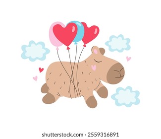 Funny happy cartoon capybara with balloons flies in the clouds. Animal, holiday, birthday, Valentine's Day. Heart shape.