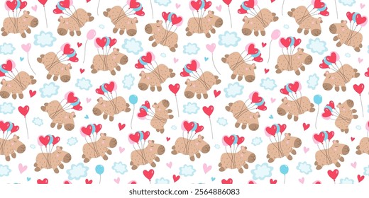 Funny happy cartoon capybara with balloons flying in the clouds. Pattern repeating. Animal, holiday, birthday, Valentine's Day. Heart shape. Seamless background.