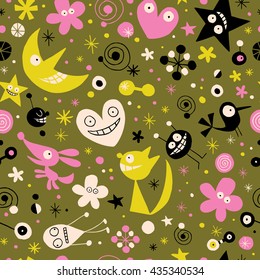 funny happy cartoon characters seamless pattern