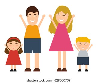 Funny happy cartoon family. Parents with children raised their h