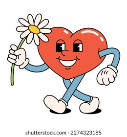Funny happy cartoon hippie heart. All  peace, groovy in the style of the 60s, 70s. Positive and good vibes