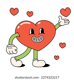 Funny happy cartoon hippie heart. All peace, groovy in the style of the 60s, 70s. Positive and good vibes