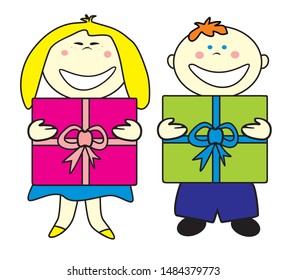 funny happy cartoon kids with gift vector illustration