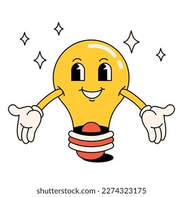 Funny happy cartoon light bulb. a new good idea! The style of the 60s, 70s. Positive and good vibes