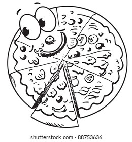 Funny happy cartoon pizza character.