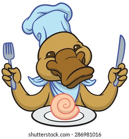 Funny happy cartoon platypus or duckbill with knife and fork 