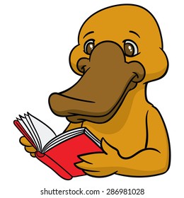 Funny happy cartoon platypus or duckbill with a book  - sign is useful for creating a logo design  