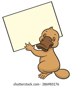 Funny happy cartoon platypus or duckbill - vector logo, tablet and nameplate or sign template