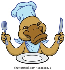 Funny happy cartoon platypus or duckbill with knife and fork 