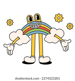 Funny happy cartoon rainbow and clouds. A child character. Positive and good vibes, hippies