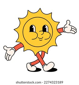 Funny happy cartoon sun with rays. Children's character, 70s style. Positive and good vibes, hippies