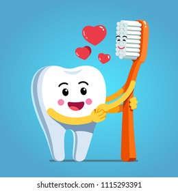 Funny happy cartoon tooth character holding hands and embracing smiling toothbrush expressing love & romance. Motivational clipart. Children dentistry, teeth hygiene character. Flat vector illustratio