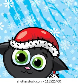 Funny happy cat with red cap on a blue snow background