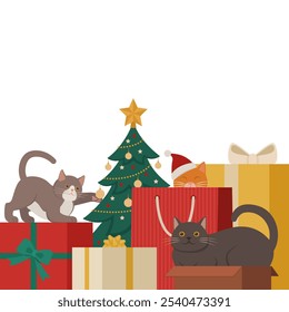 Funny happy cats playing with Christmas gifts and decorations, holidays and pets concept