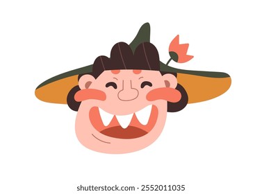 Engraçado personagem feliz em chapéu sorrindo com dentes. Homem peculiar alegre, avatar de cara cômica. Rindo de homem emocional, retrato caricatural caprichoso. Ilustração de vetor plano isolada no plano de fundo branco