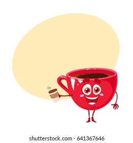 Funny and happy character of red cup of coffee with cup of coffee. Vector illustration isolated on white background with place for text