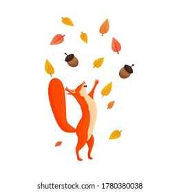 Funny happy character squirrel with leaves and acorn isolated on white background stock vector illustration. Bright and colourful autumn, fall clipart, composition