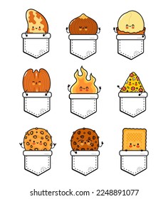 Funny happy characters in your pocket set. Vector hand drawn cartoon kawaii illustration. Brazil nut, hazelnut, macadamia, pecan, fire, pizza slice, oatmeal cookie, chocolate chip cookie in pocket