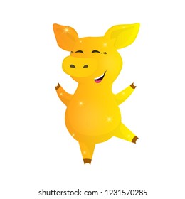 Funny happy cheerful gold pig. Symbol of 2019. The yellow hog with shine isolated on white background. Chinese New Year 2019. Vector illustration.