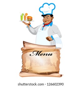 Funny happy Chef and menu bistro.Vector