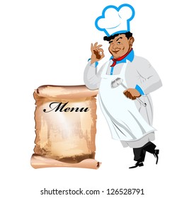 Funny happy Chef and menu on a white background.Vector