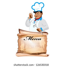 Funny happy Chef and menu on a white background.Vector