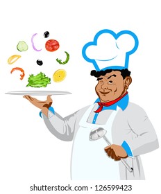 Funny happy Chef and vegetarian vegetable salad on a white background.Vector