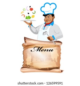 Funny happy Chef and vegetarian vegetable menu on a white background.Vector