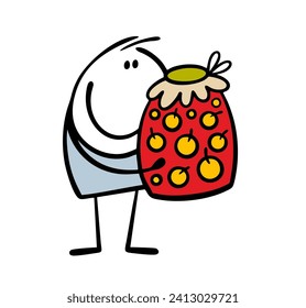 Funny happy child holds a huge jar of jam. Doodle illustration of a stickman and food for berries  dessert. Breakfast or sweet lunch time. Isolated vector cartoon on white background.