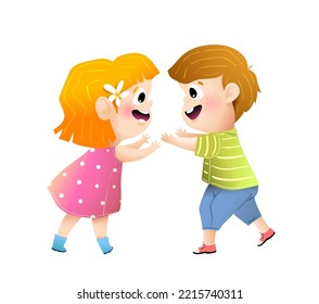 Funny happy children, boy and girl friends meeting, hugging. Little kids love and friendship, playful cute kids. Vector illustration for kindergarten.