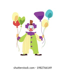 Funny happy clown in colorful costume and makeup hold colorful balloons. Flat cartoon isolated vector illustration for design of fun circus show, birthday party or carnival.