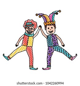 funny happy clown and man with jester clothes hat characters