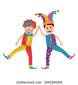 funny happy clown and man with jester clothes hat characters