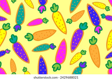 Funny happy colorful garden carrot. Lovely, cute and nice illustration for kids. Seamless vector pattern for design and decoration.
