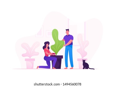 Funny Happy Couple Taking Care of Houseplants Growing in Planters. Young Man and Woman Cultivating Potted Plant at Home. Male and Female Character Enjoying Gardening. Cartoon Flat Vector Illustration