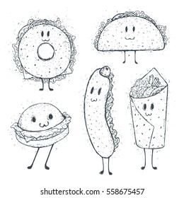 Funny and happy cute cartoon fast food characters. Monochrome line style hand drawn food personages with faces and legs. Isolated from white background.