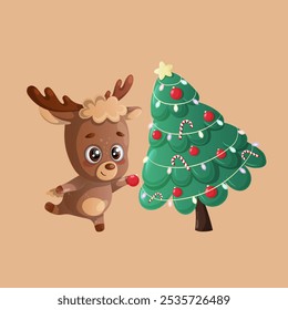 Engraçado feliz bonito veado está decorando a árvore de Natal. Design de um cartão de Natal, banner, folheto com ilustração de vetor de desenho animado