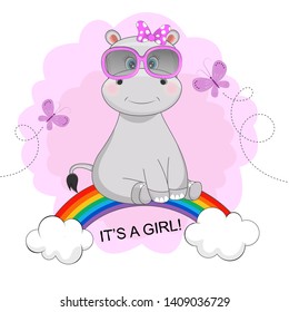 Funny happy cute hippo girl in sunglasses is sitting on a rainbow. 
Graphic element for print design, greeting card, poster and t-shirt.