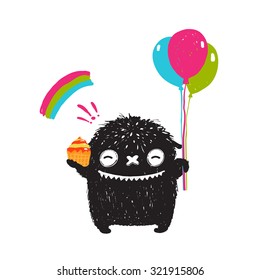 Funny Happy Cute Little Black Monster with Sweets Balloons Rainbow. Sweet kids playful holiday fictional character picture smiling. Vector illustration.