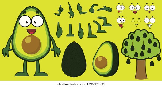 Funny happy cute happy smiling avocado. Isolated on white background. Fruit avocado concept. Cartoon character set. Eyes, arms, mouths and legs. V