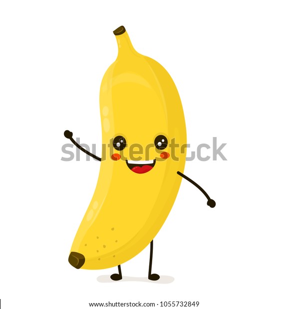 笑顔で笑う面白い幸せでかわいいバナ ベクター平面カートーンのカワイイの文字イラストアイコン 白い背景に フルーツバナナ のコンセプト のベクター画像素材 ロイヤリティフリー