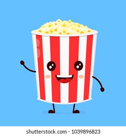 Funny happy cute smiling  bucket of popcorn. Vector flat cartoon character illustration icon. Isolated on blue background.Popcorn concept