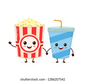 Funny happy cute smiling bucket of popcorn and soda water cup. Vector flat cartoon character illustration icon. Isolated on white background.Cinema popcorn bucket and soda cup concept
