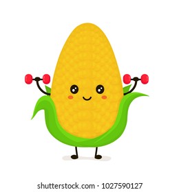 Funny happy cute smiling corncob doing exercises with dumbbells. Vector flat cartoon character illustration icon. Isolated on white background.Corn,corncob,fitness,sport concept